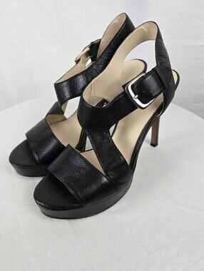 Nine West Say No More Black Leather High Heel Platform Slingback Sandals Sz 8.5